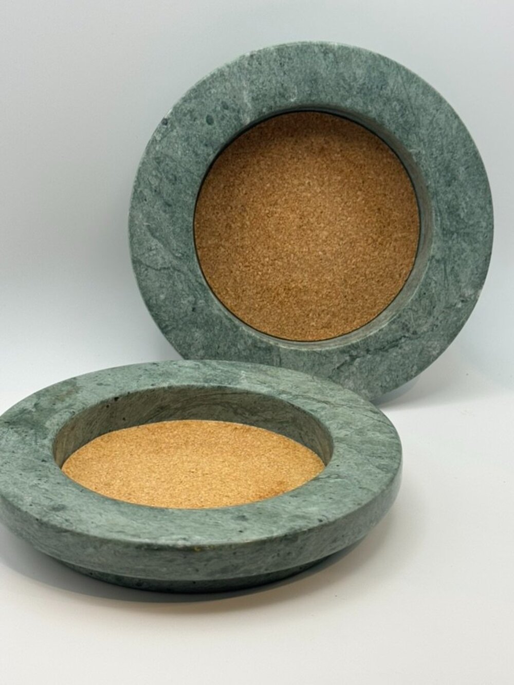 Vintage Green Marble Coaster with Cork Inlay, Elegant Candle Base
